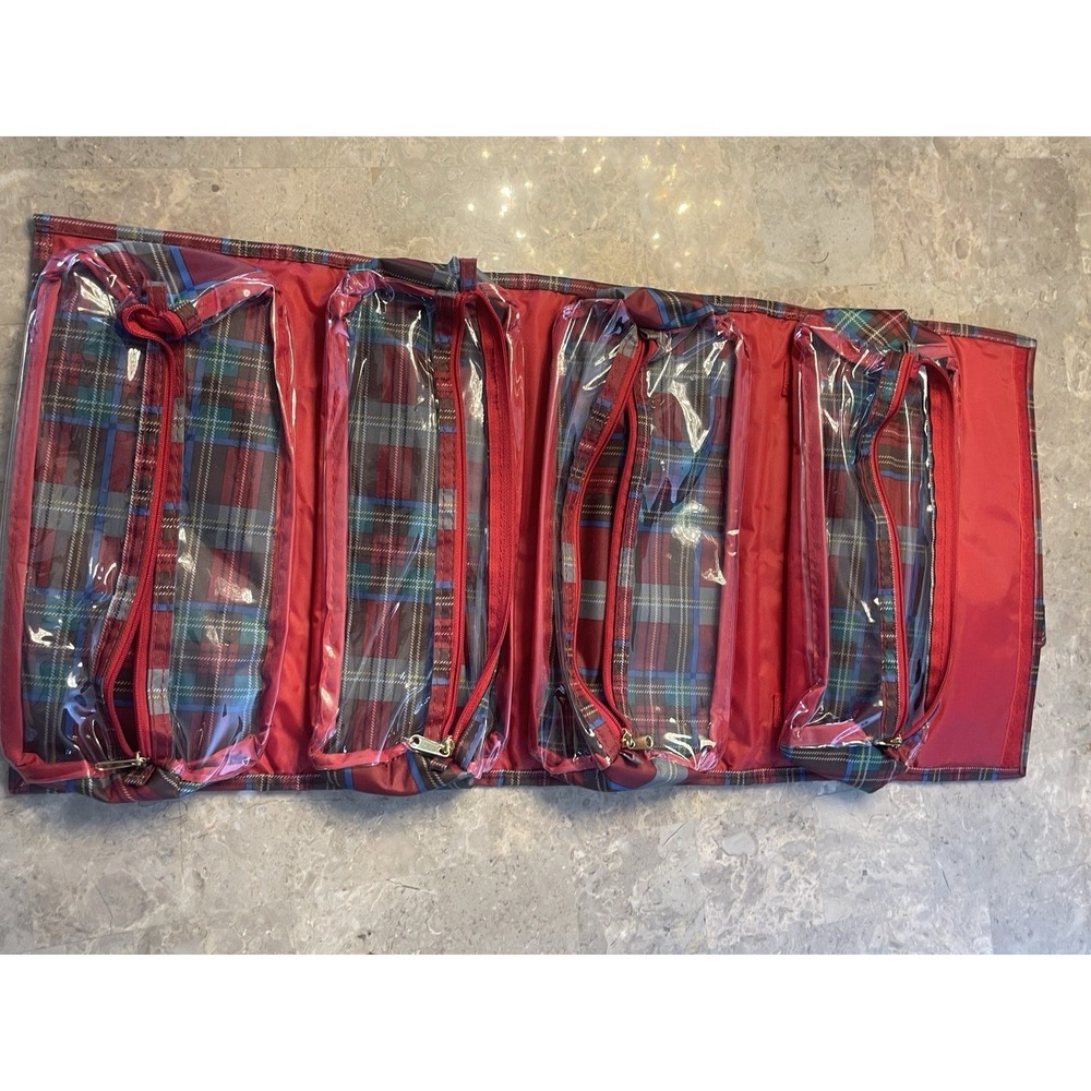 J.M. New York Red Tartan Roll Up Hanging Cosmetic Toiletry Bag Gold Hardware